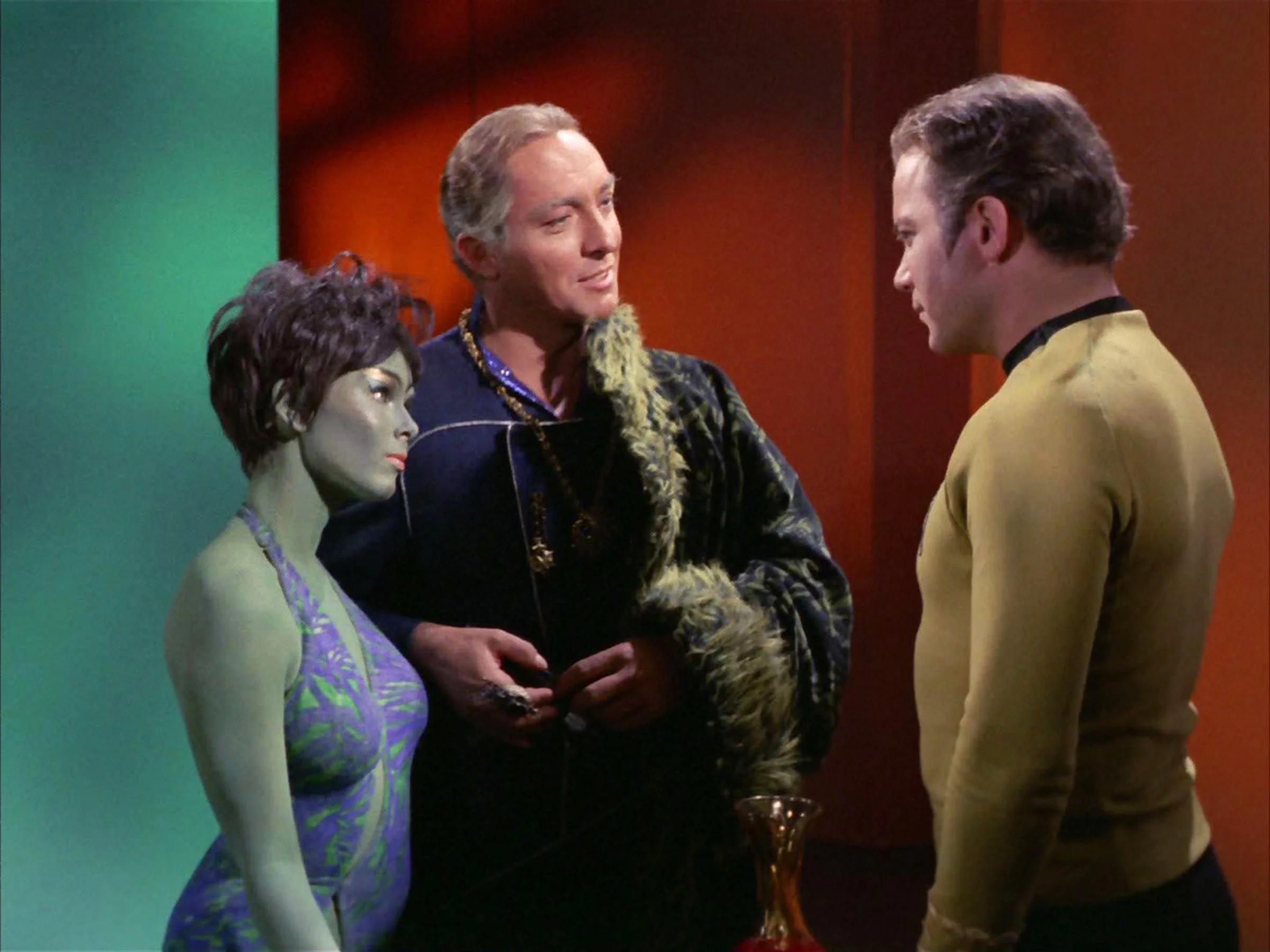 Yvonne Craig as Marta, Steve Ihnat as Fleet Captain Garth and William Shatner as Captain James T. Kirk Scene from Whom Gods Destroy episode of Star Trek