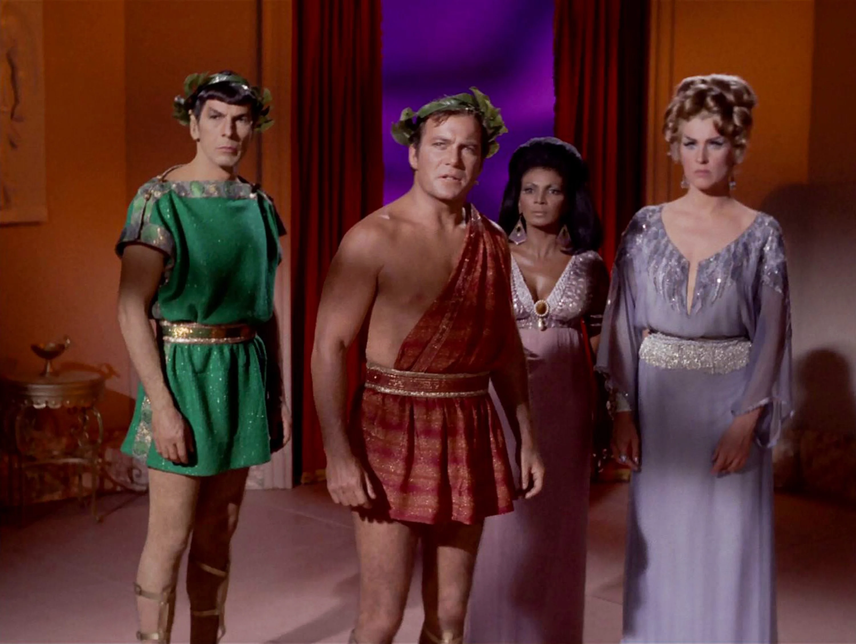 Leonard Nimoy as Mr. Spock, William Shatner as Captain James T. Kirk, Nichelle Nichols as Uhura and Majel Barrett as Nurse Chapel Scene from Plato's Stepchildren episode of Star Trek